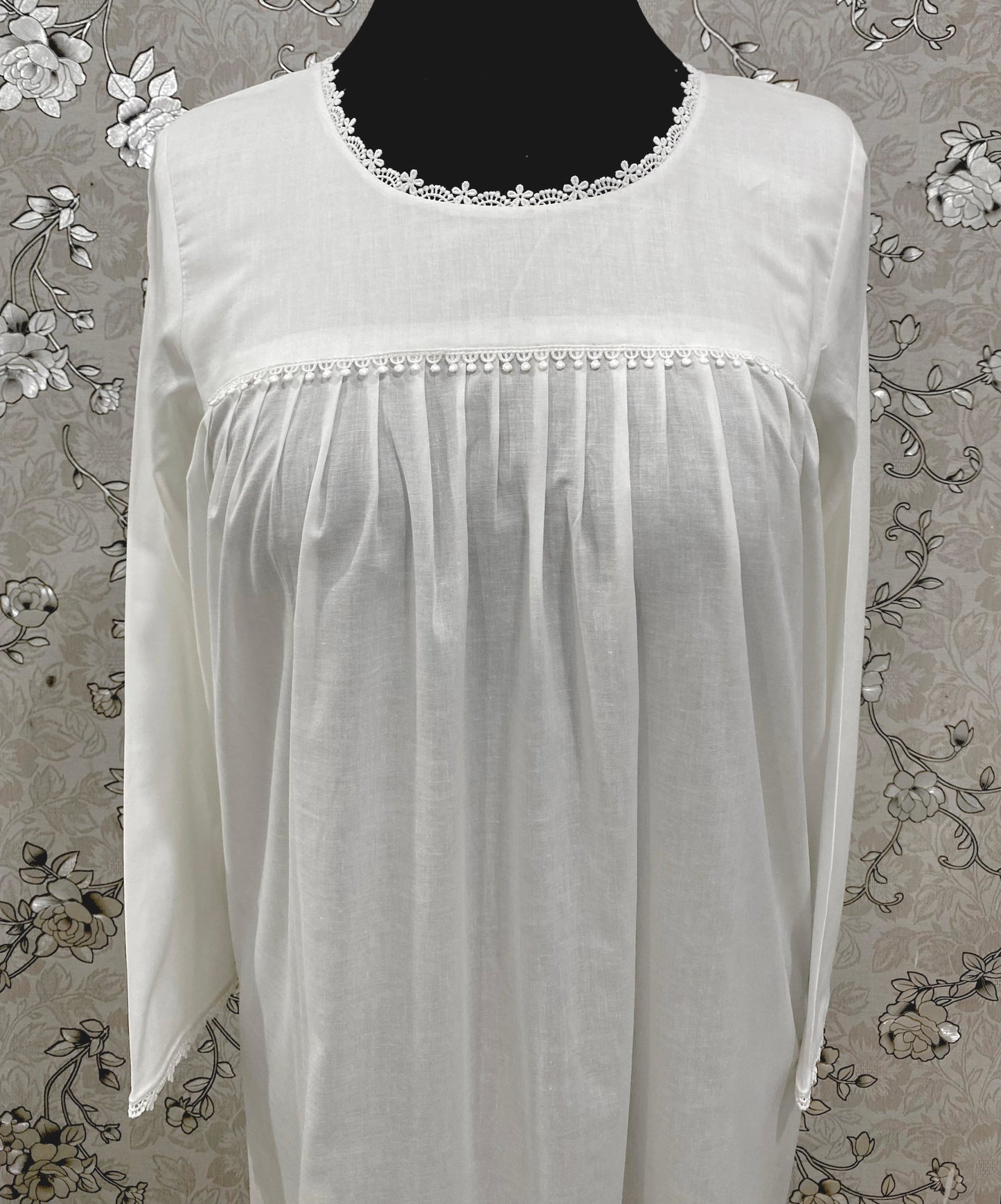 SoieRose Victorian Cotton Nightgown – SR-1189 – Long Sleeve Vintage Sleepwear with Lace Trim