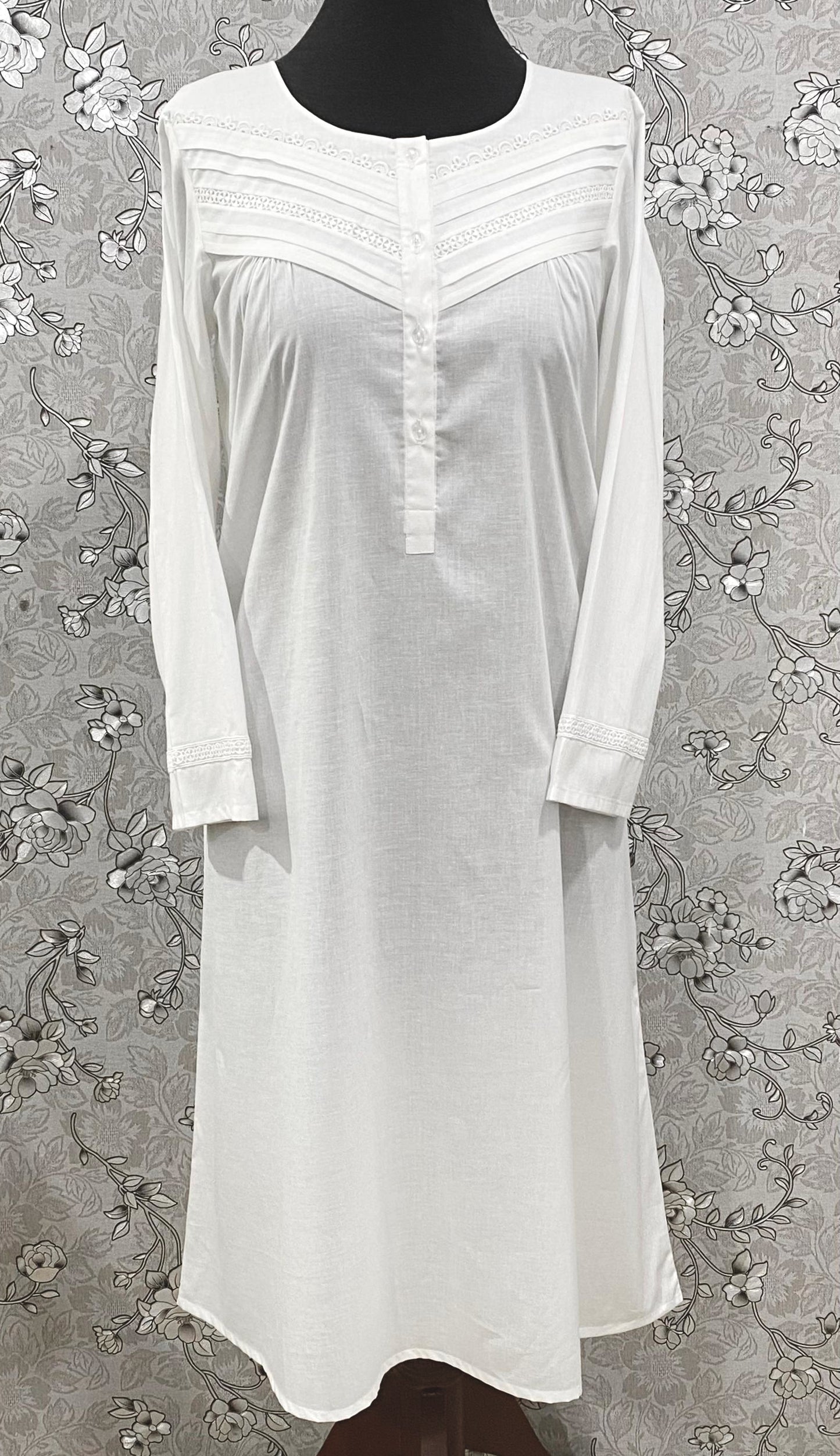 SoieRose Victorian Cotton Nightgown – SR-1191 – Long Sleeve Sleepwear with Pintuck and Lace Detailing