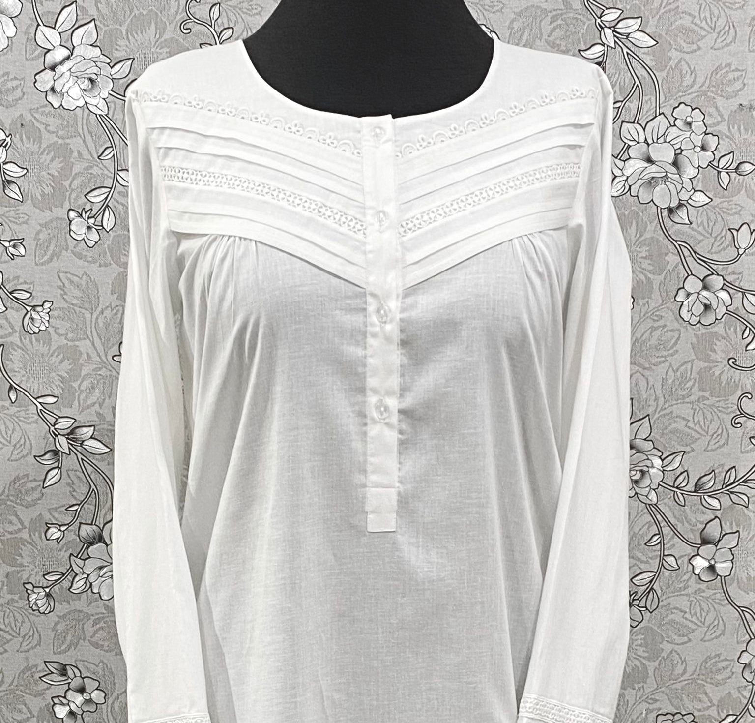 SoieRose Victorian Cotton Nightgown – SR-1191 – Long Sleeve Sleepwear with Pintuck and Lace Detailing