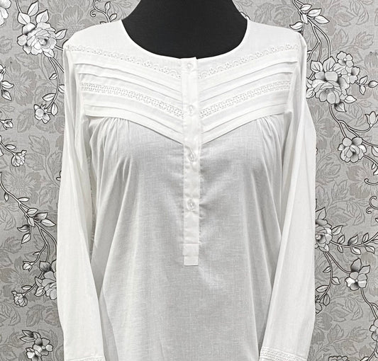 SoieRose White Victorian Cotton Nightgown – SR-1192 – Long Sleeve Sleepwear with Lace Trim and Button Front