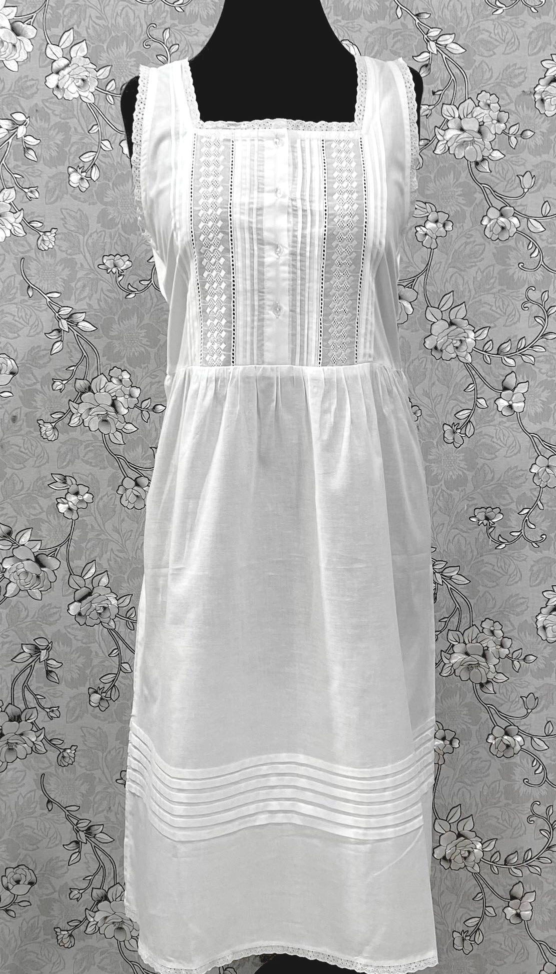 SoieRose Victorian Cotton Nightgown – Sleeveless Vintage-Style Sleepwear with Lace Trim & Pintuck - SR1225