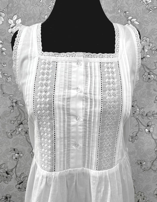 SoieRose Victorian Cotton Nightgown – Sleeveless Vintage-Style Sleepwear with Lace Trim & Pintuck - SR1225