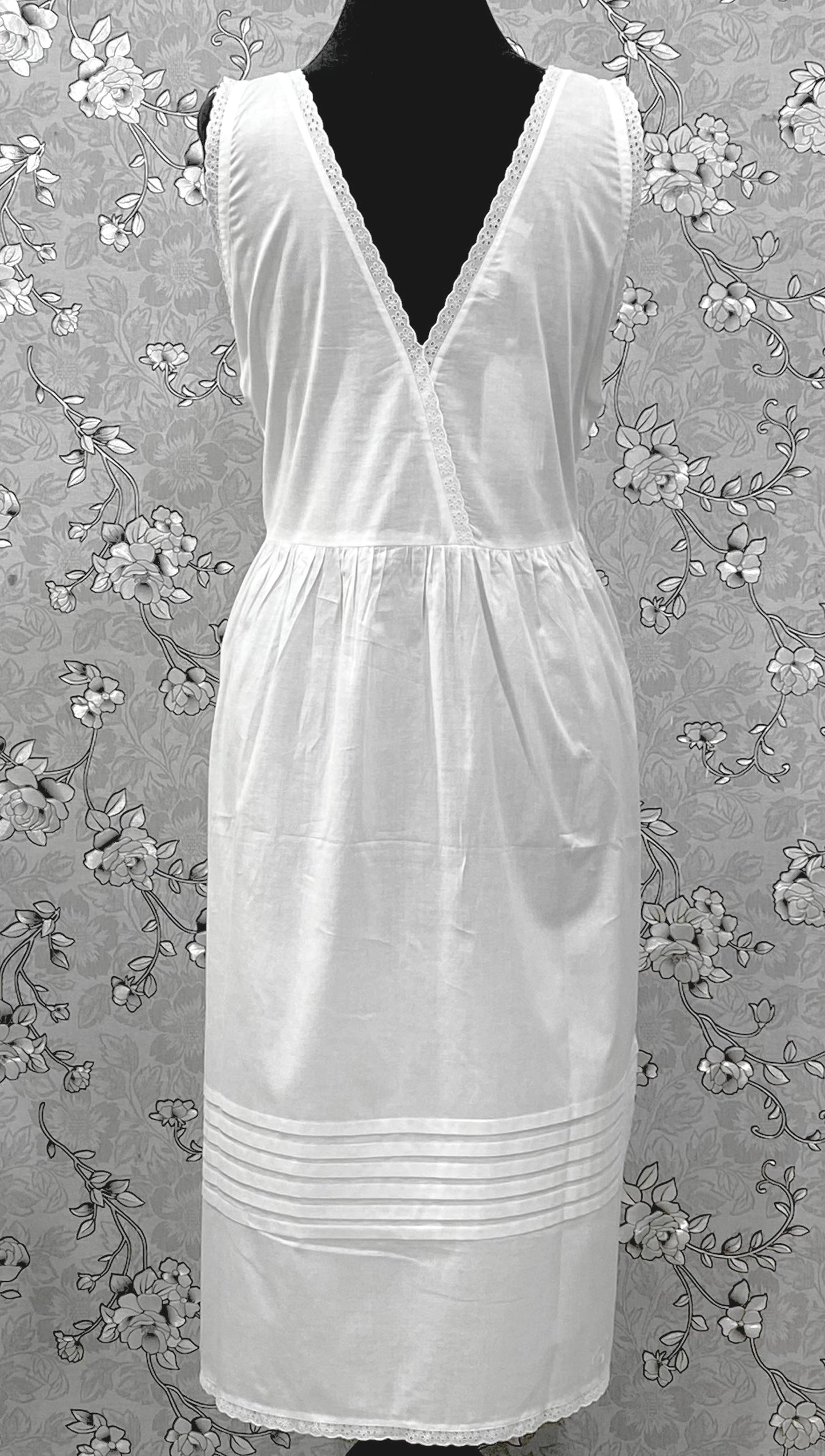 SoieRose Victorian Cotton Nightgown – Sleeveless Vintage-Style Sleepwear with Lace Trim & Pintuck - SR1225
