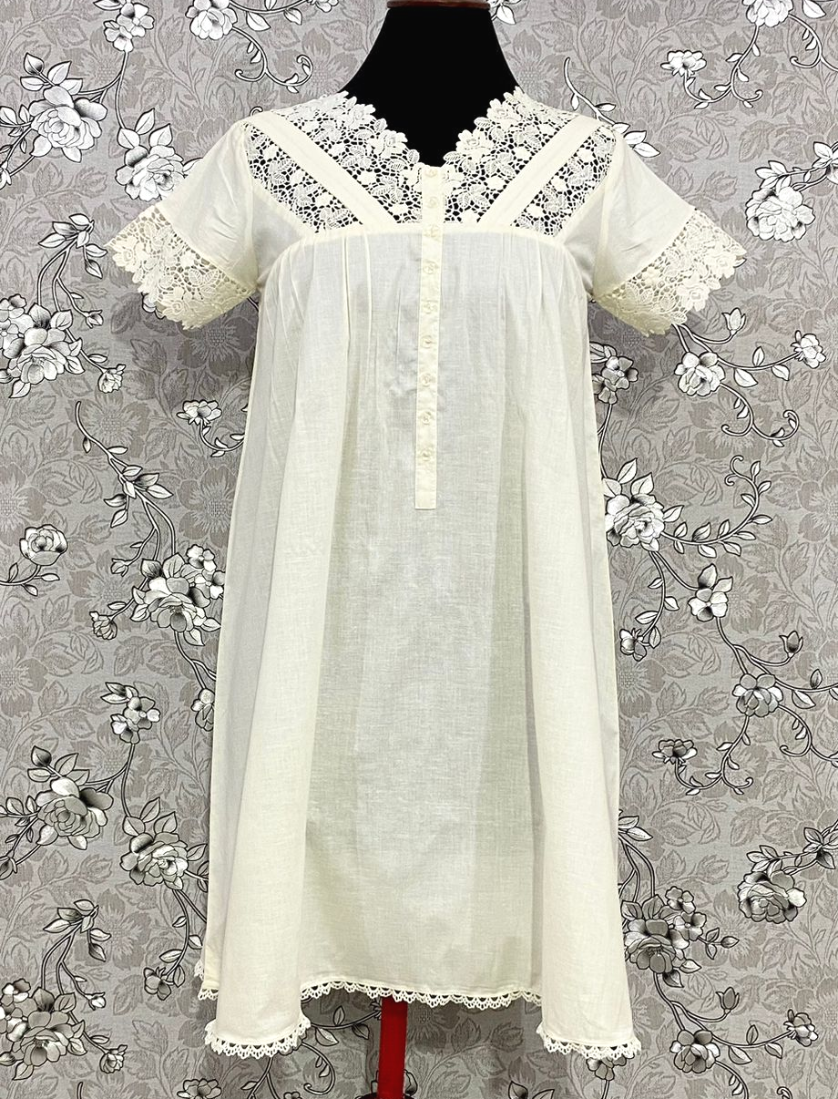 SoieRose Victorian Ivory Nightgown with Intricate Lace – 100% Cotton Sleepwear - SR-1039
