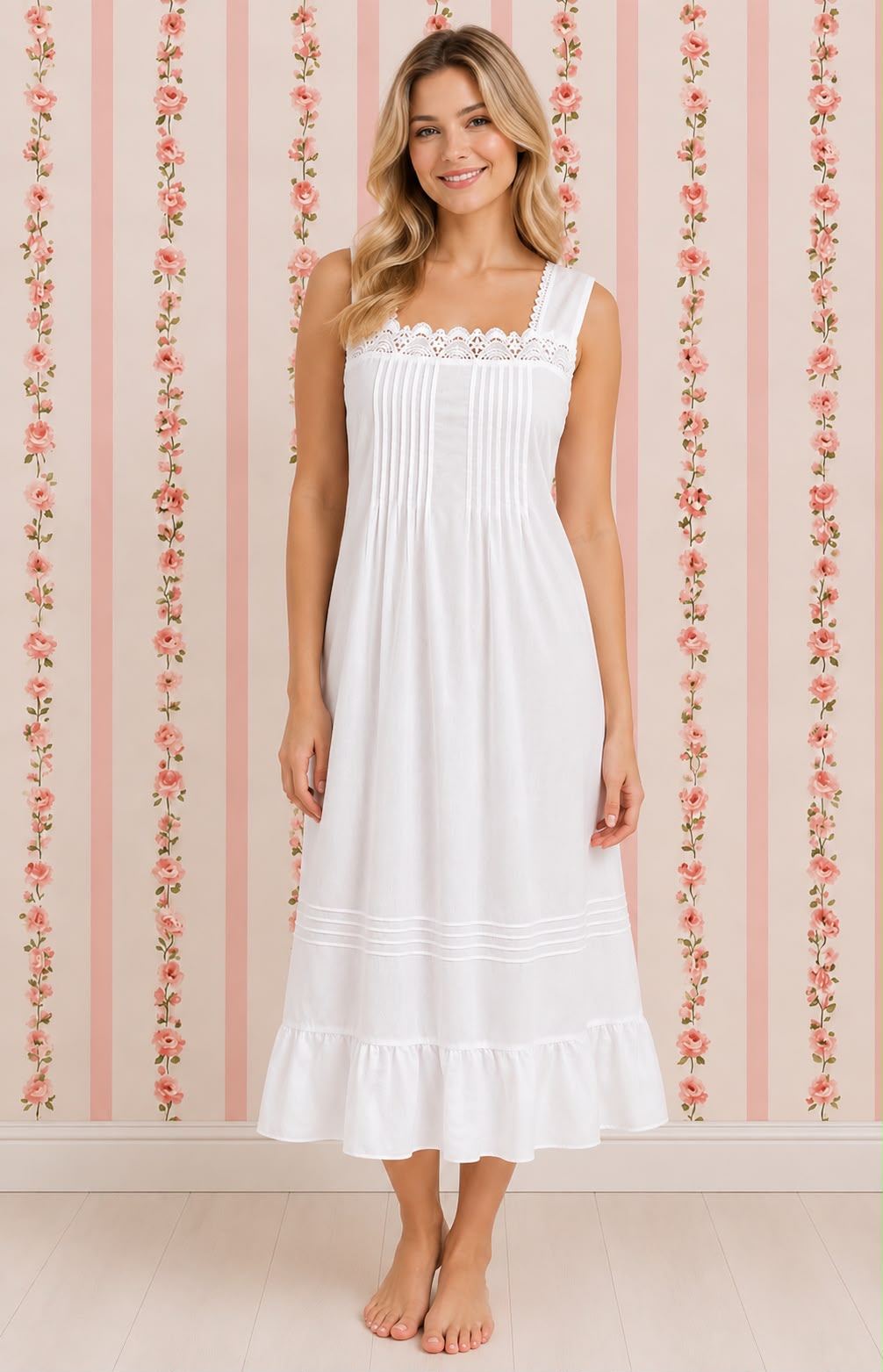 SoieRose Victorian 100% Cotton Sleeveless Nightgown with Lace Bodice – SR-1228