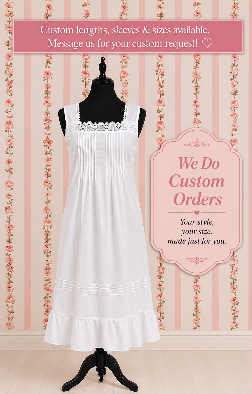 SoieRose Victorian 100% Cotton Sleeveless Nightgown with Lace Bodice – SR-1228
