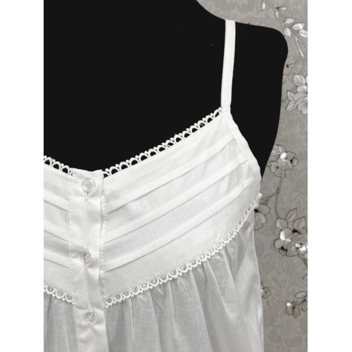 SoieRose White 100% Cotton Sleeveless Nightgown with Lace Trim Detailing-SR1154