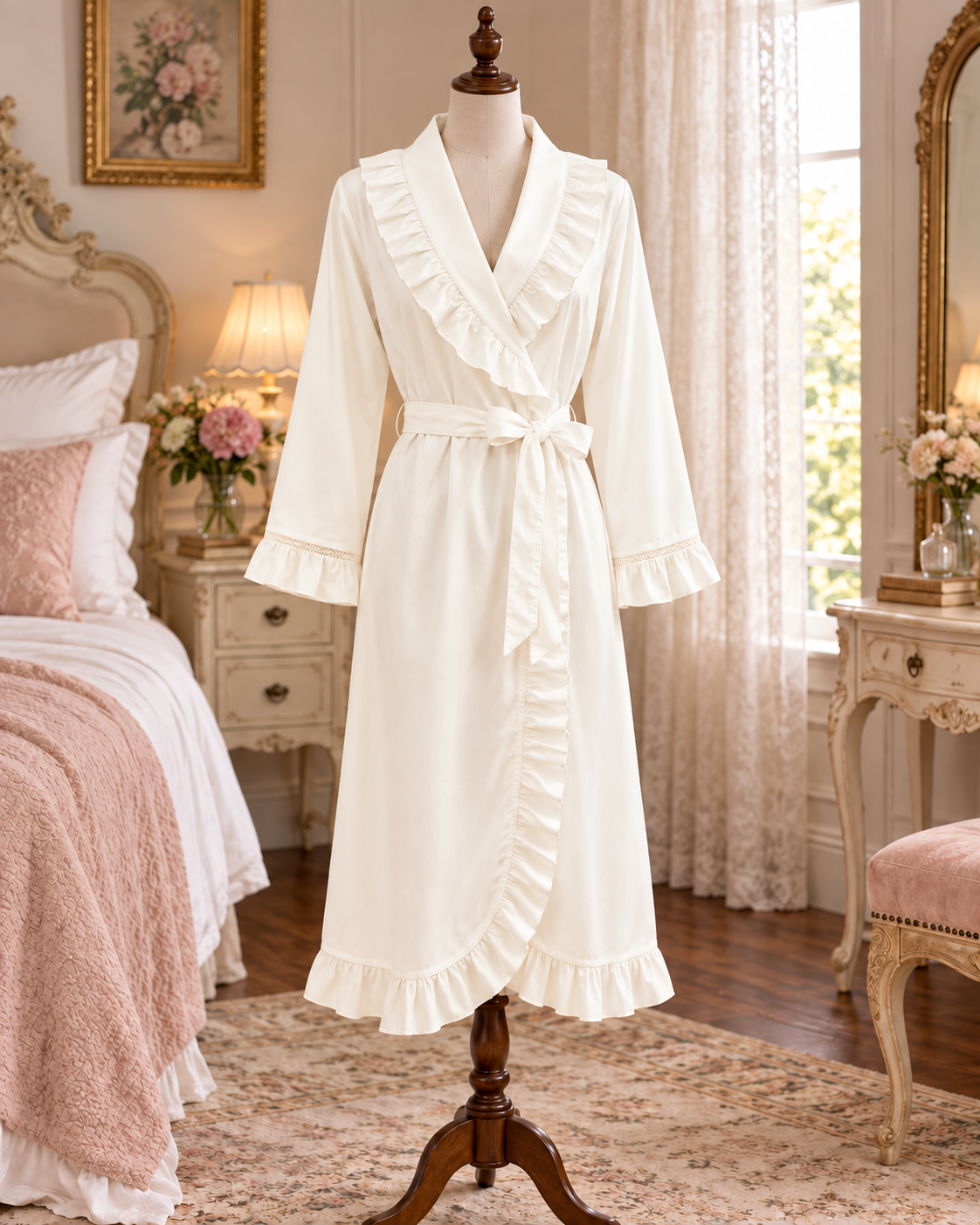SoieRose White 100% Cotton Victorian Ruffle Trim Cottagecore Bridal Robe SR-1339