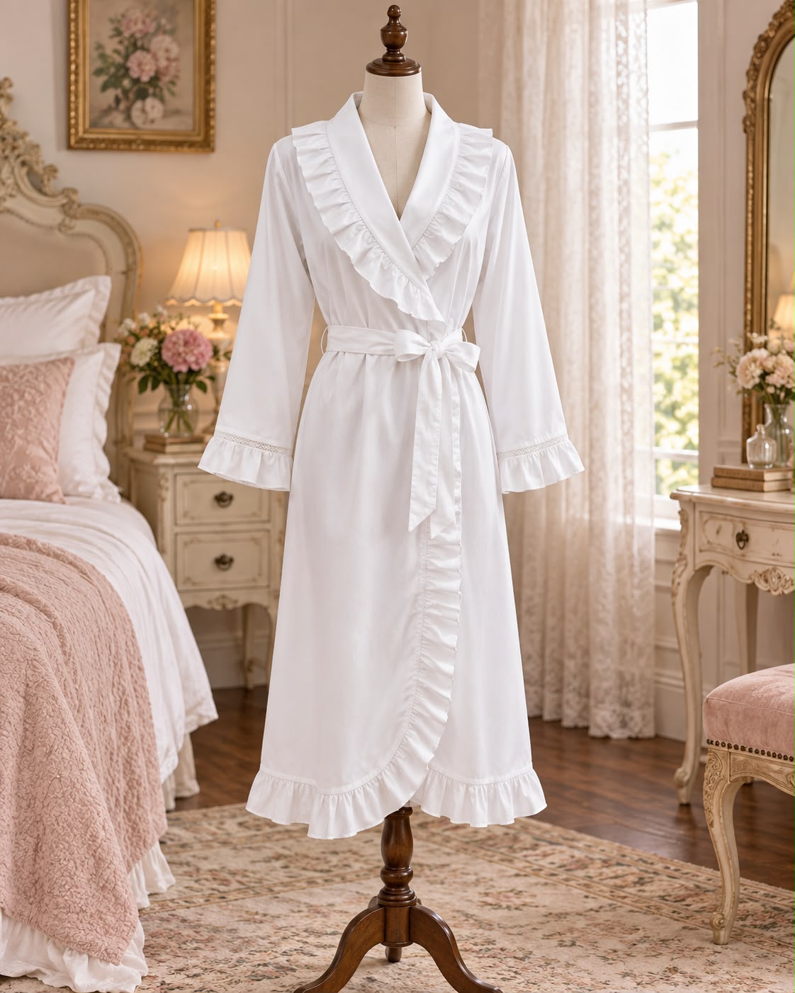 SoieRose White 100% Cotton Victorian Ruffle Trim Cottagecore Bridal Robe SR-1339