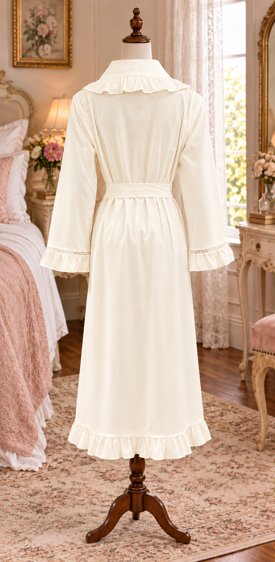 SoieRose White 100% Cotton Victorian Ruffle Trim Cottagecore Bridal Robe SR-1339