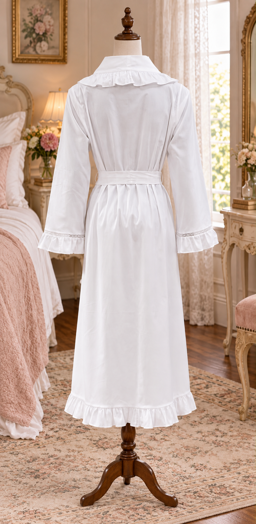 SoieRose White 100% Cotton Victorian Ruffle Trim Cottagecore Bridal Robe SR-1339