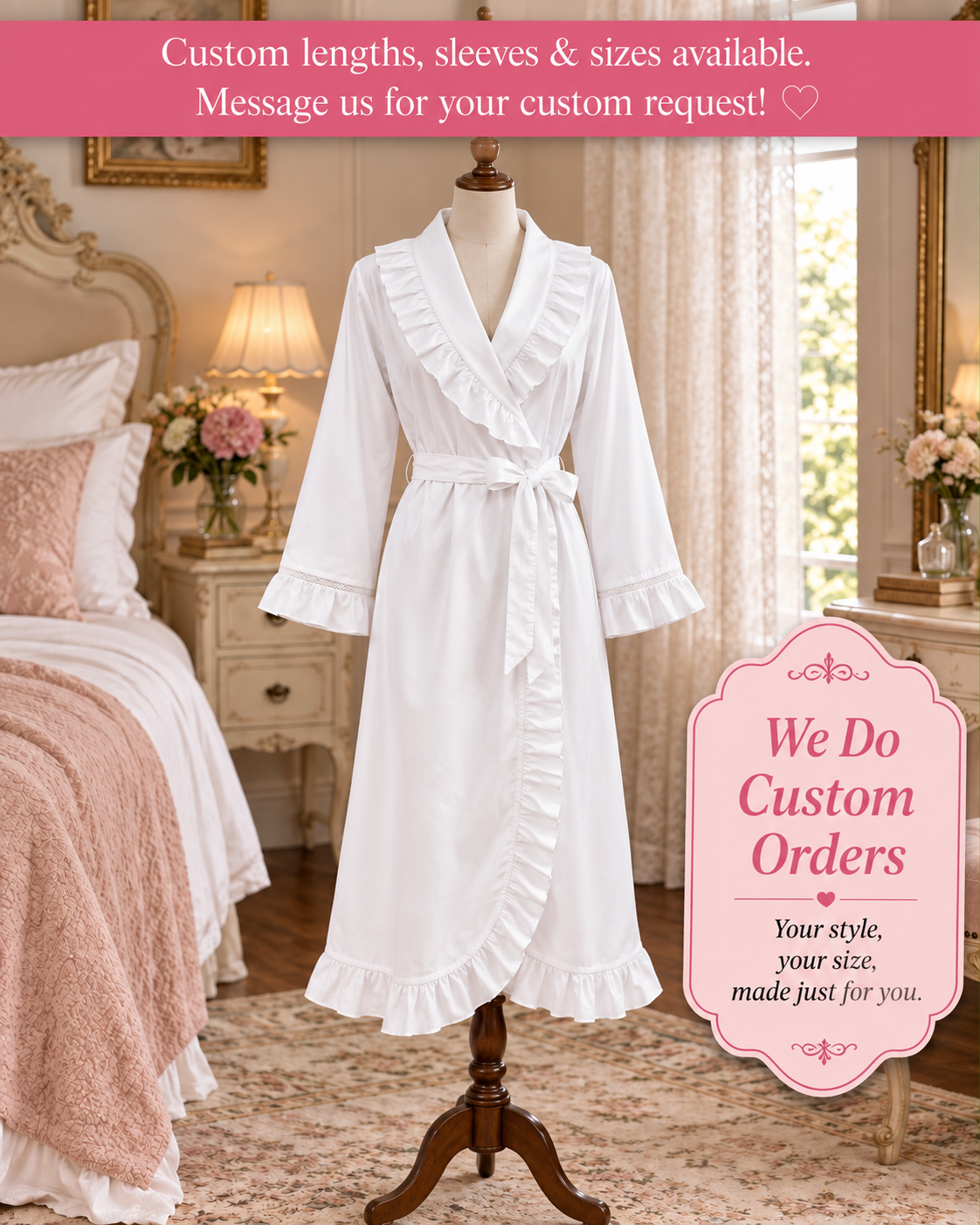 SoieRose White 100% Cotton Victorian Ruffle Trim Cottagecore Bridal Robe SR-1339