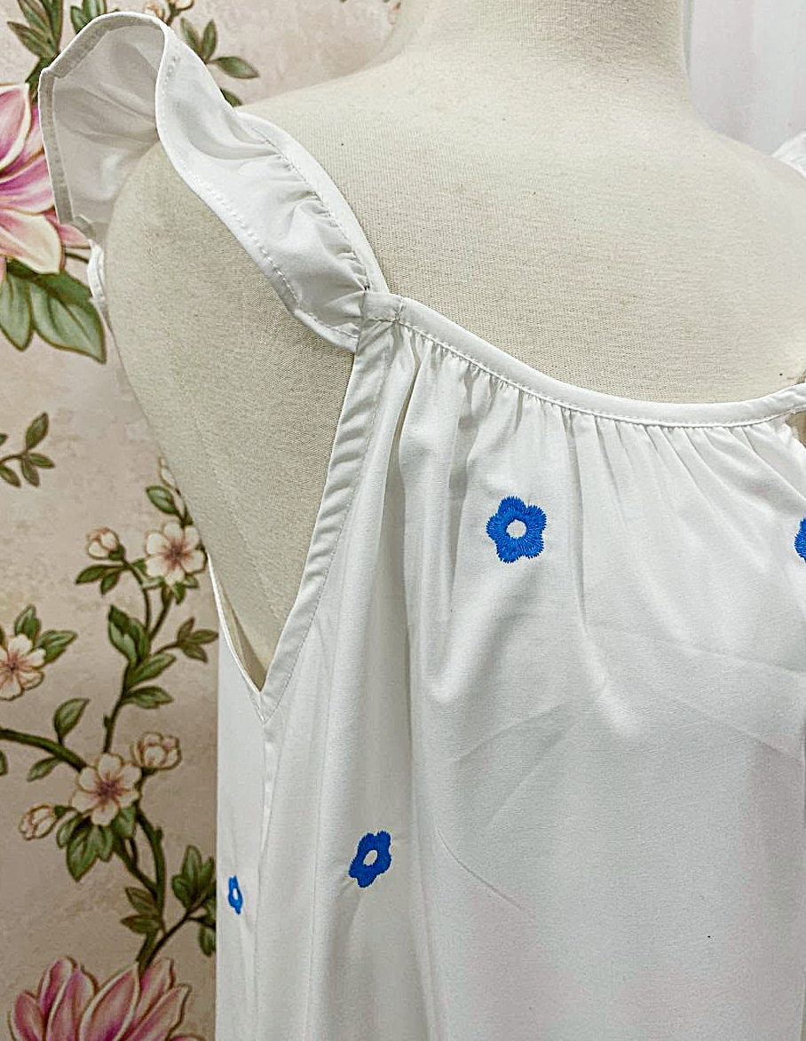 SoieRose White Bluebell Floral 100% Cotton Victorian Cottagecore Nightgown - SR-1291