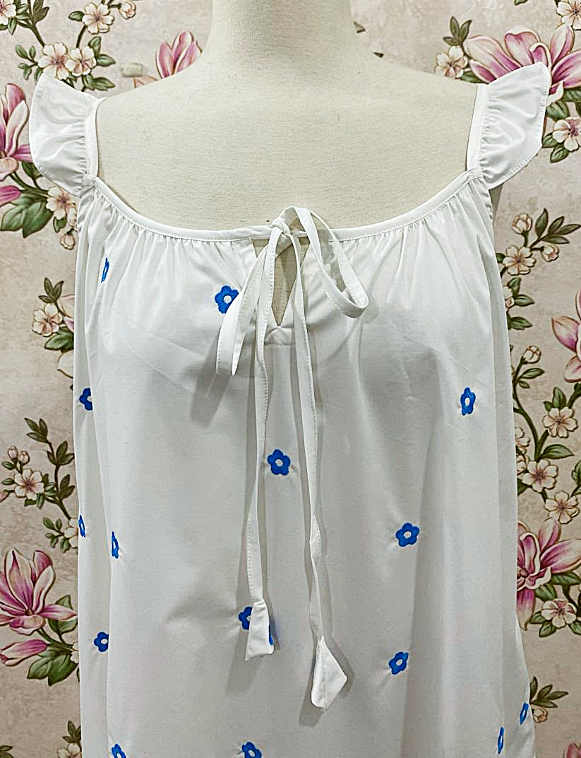 SoieRose White Bluebell Floral 100% Cotton Victorian Cottagecore Nightgown - SR-1291