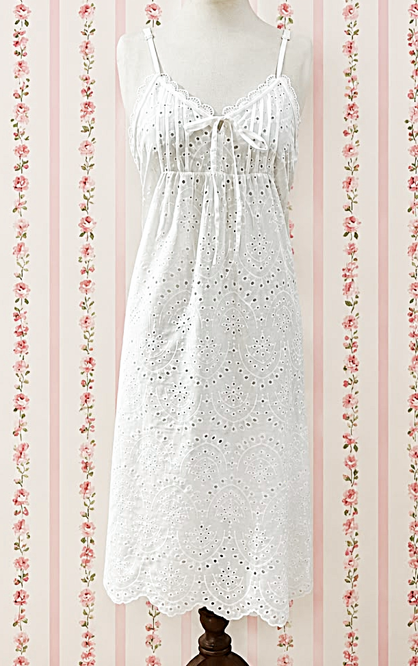 SoieRose White Eyelet 100% Cotton Victorian Spaghetti Strap Romantic Nightgown - SR-1341