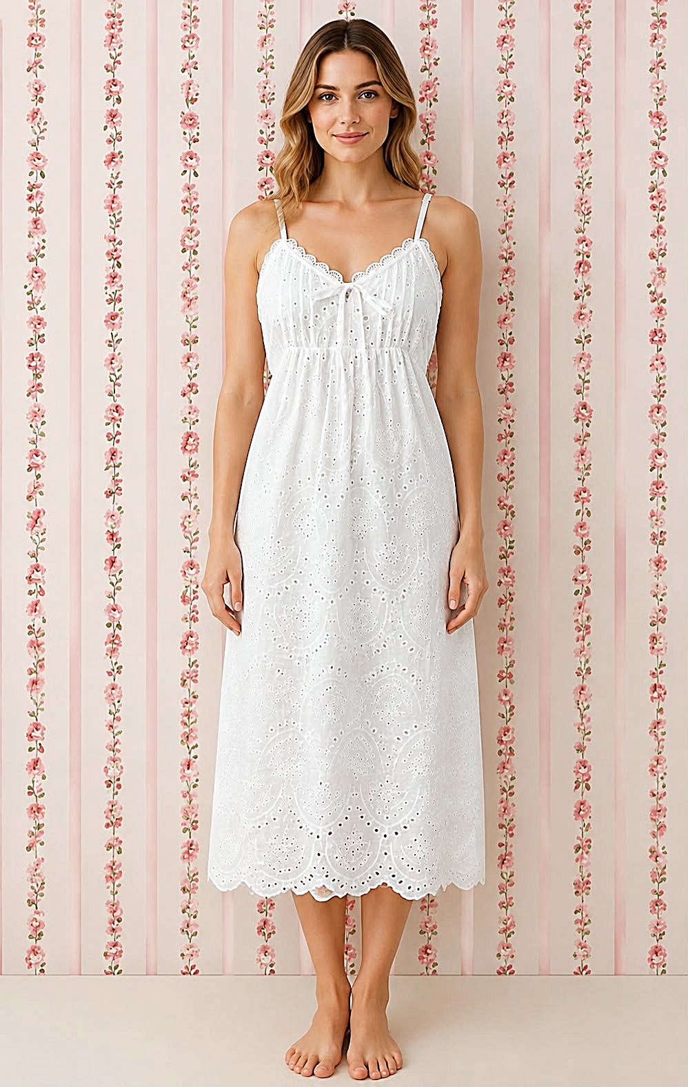 SoieRose White Eyelet 100% Cotton Victorian Spaghetti Strap Romantic Nightgown - SR-1341