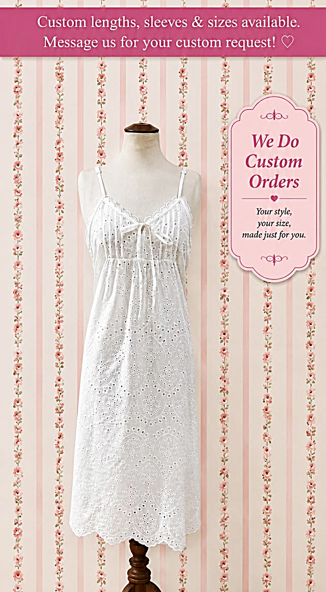 SoieRose White Eyelet 100% Cotton Victorian Spaghetti Strap Romantic Nightgown - SR-1341