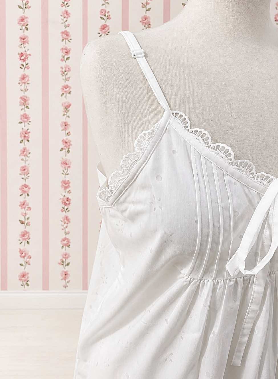 SoieRose White Eyelet 100% Cotton Victorian Spaghetti Strap Romantic Nightgown - SR-1341