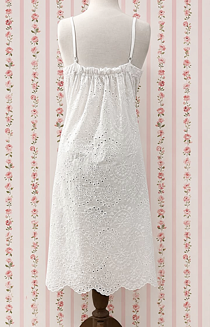 SoieRose White Eyelet 100% Cotton Victorian Spaghetti Strap Romantic Nightgown - SR-1341
