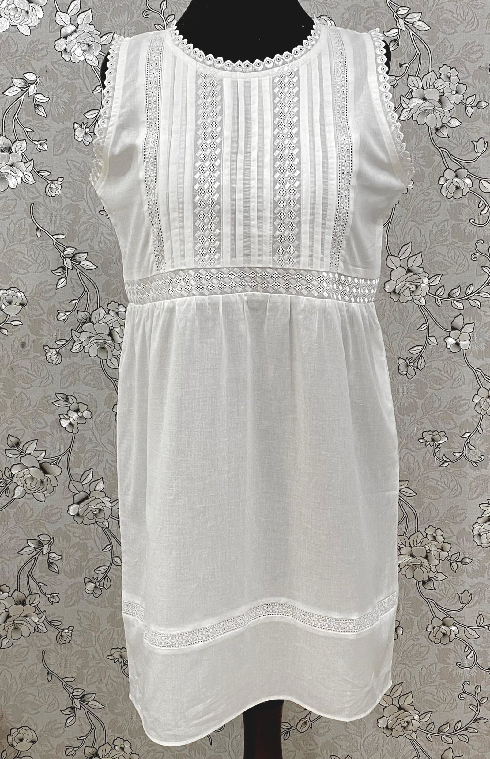 SoieRose White Victorian Cotton Nightgown – SR-1190 – Sleeveless Vintage Sleepwear with Lace Trim