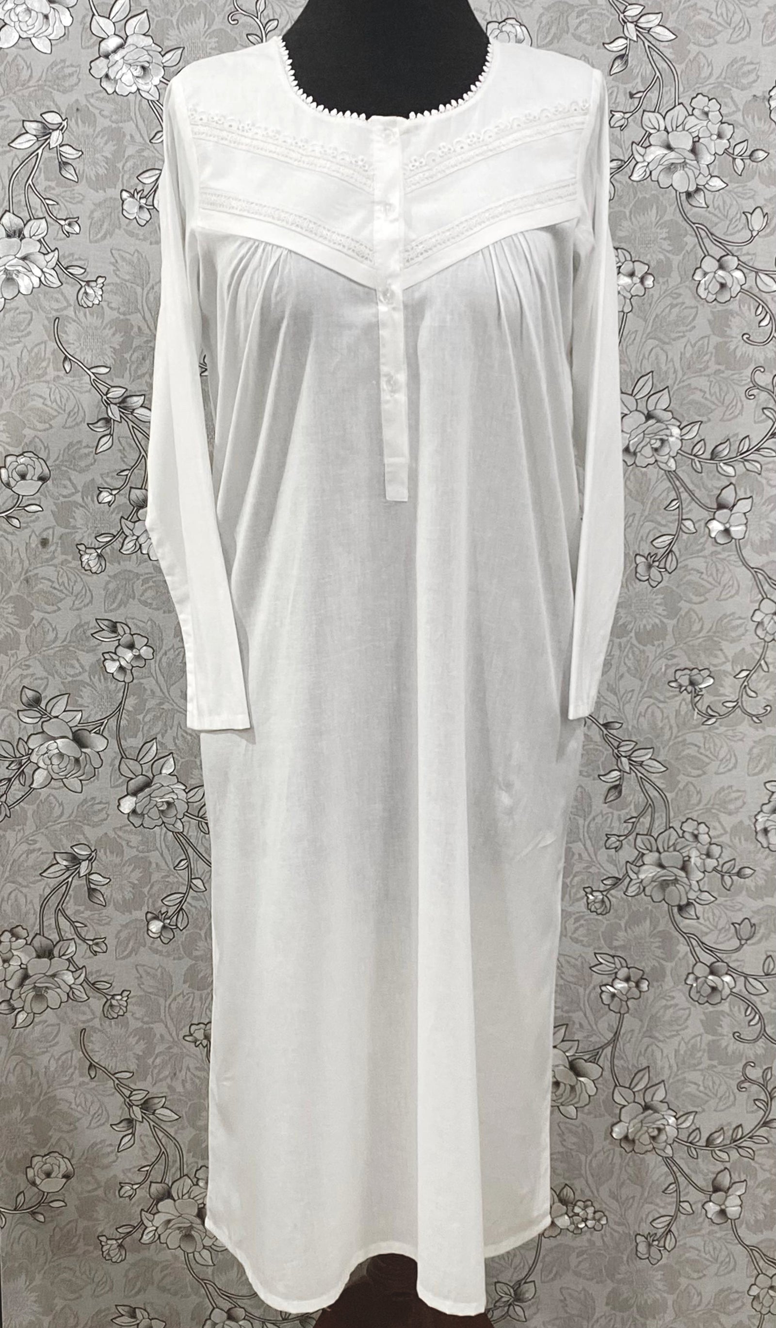 SoieRose White Victorian Cotton Nightgown – SR-1192 – Long Sleeve Sleepwear with Lace Trim and Button Front