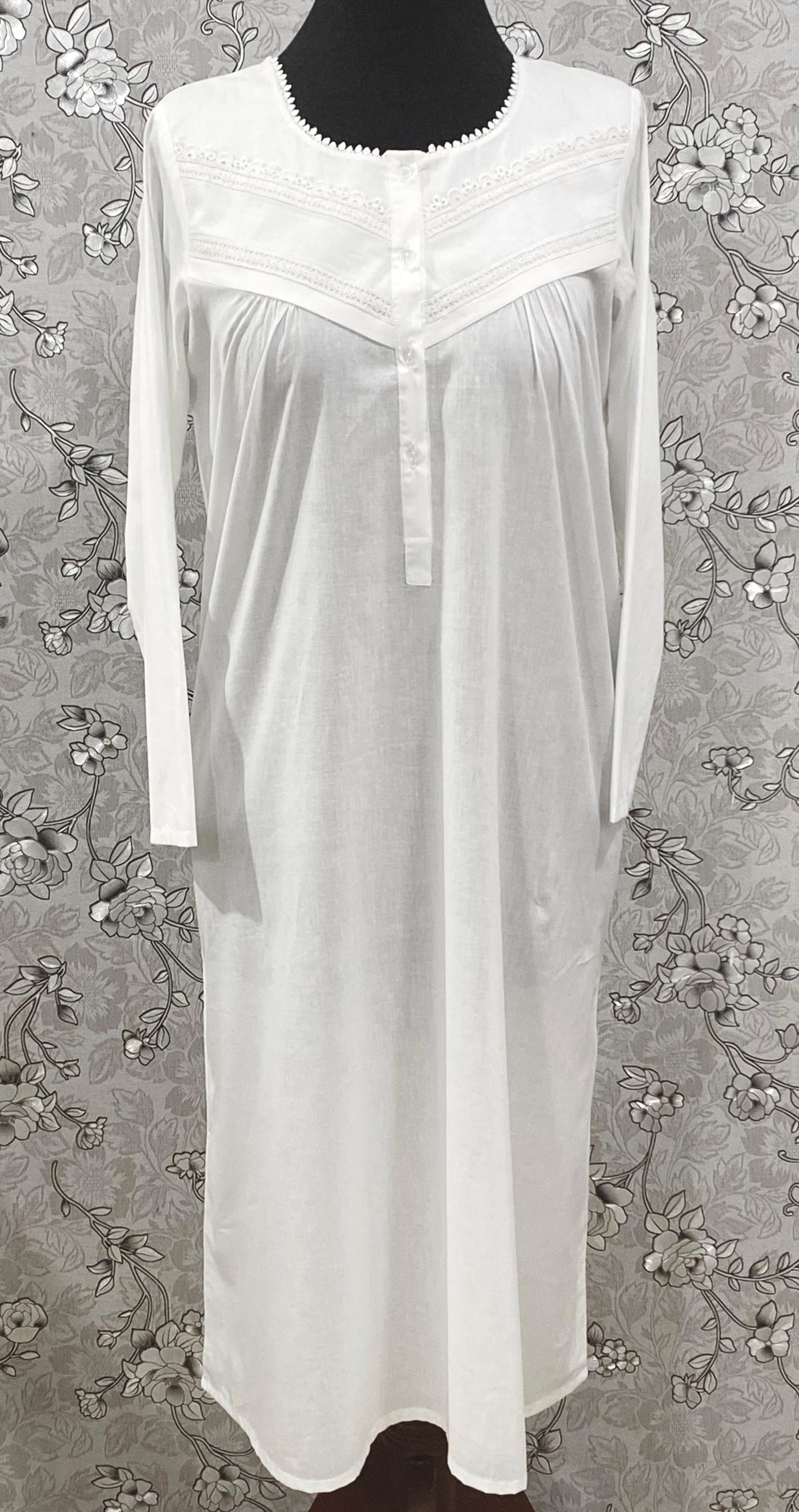 SoieRose White Victorian Cotton Nightgown – SR-1192 – Long Sleeve Sleepwear with Lace Trim and Button Front