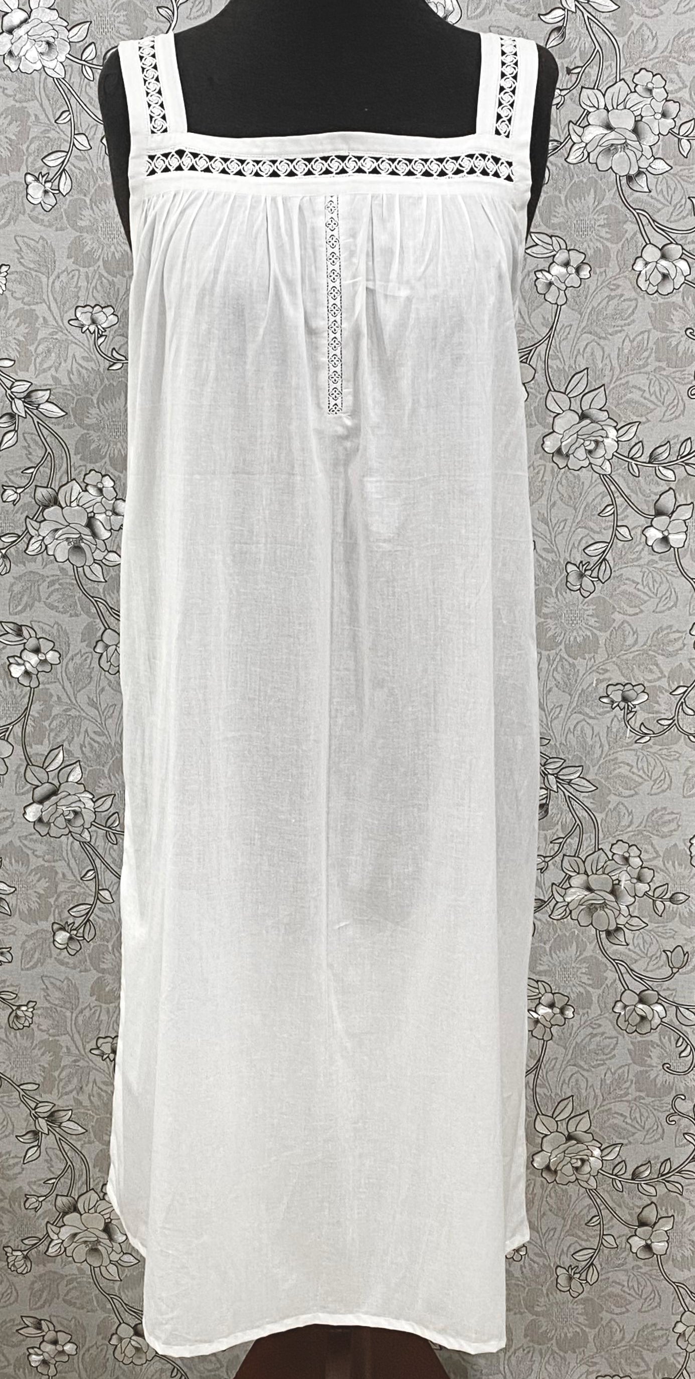 SoieRose White Victorian Cotton Nightgown – SR-1193 – Sleeveless Vintage Nightdress with Lace Straps