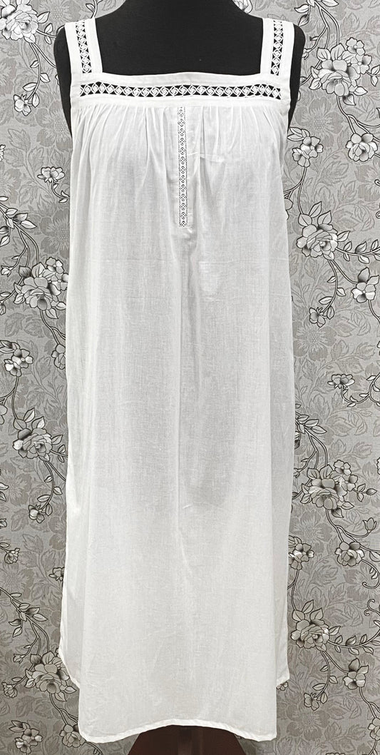 SoieRose White Victorian Cotton Nightgown – SR-1193 – Sleeveless Vintage Nightdress with Lace Straps