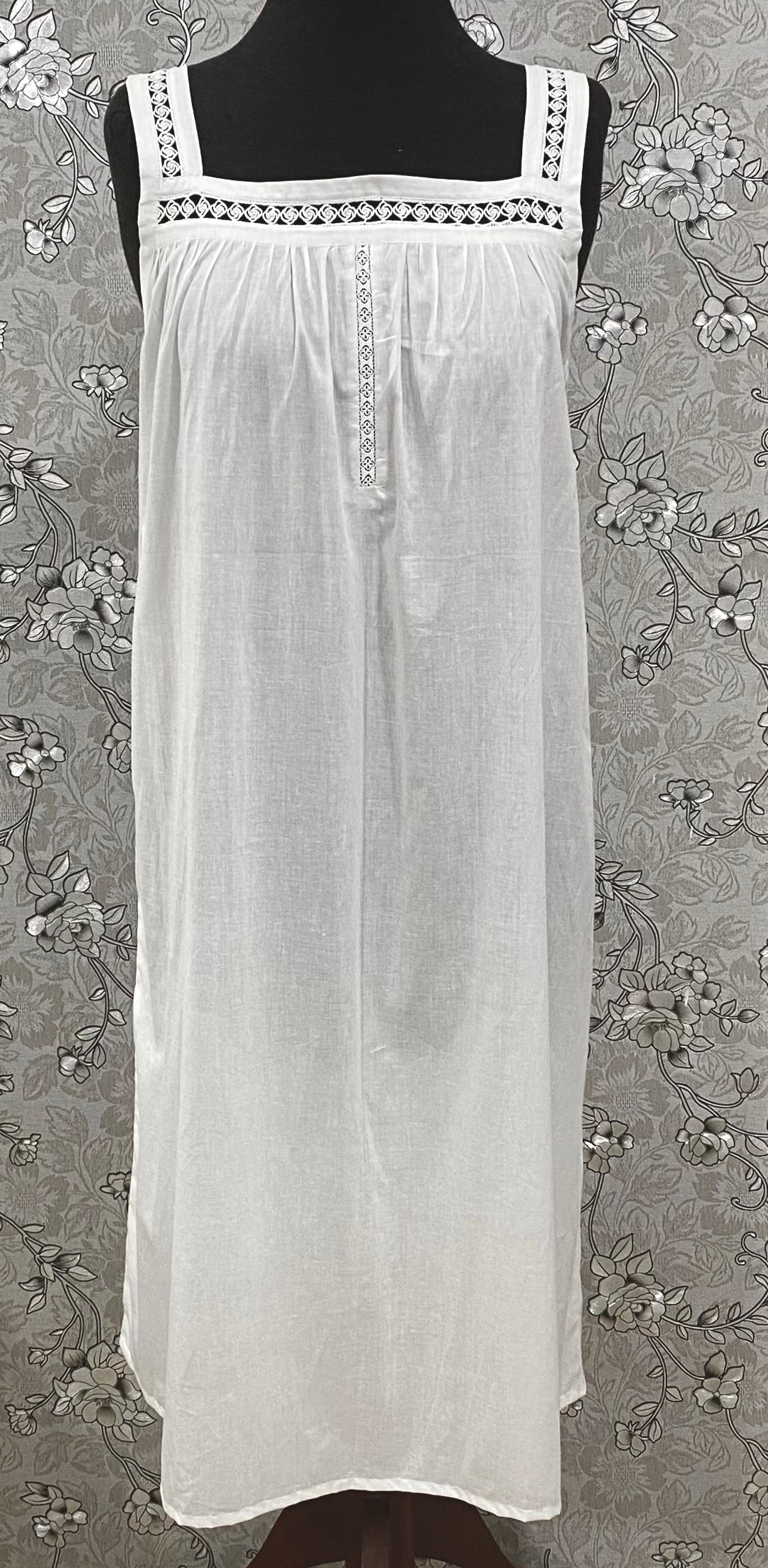 SoieRose White Victorian Cotton Nightgown – SR-1193 – Sleeveless Vintage Nightdress with Lace Straps