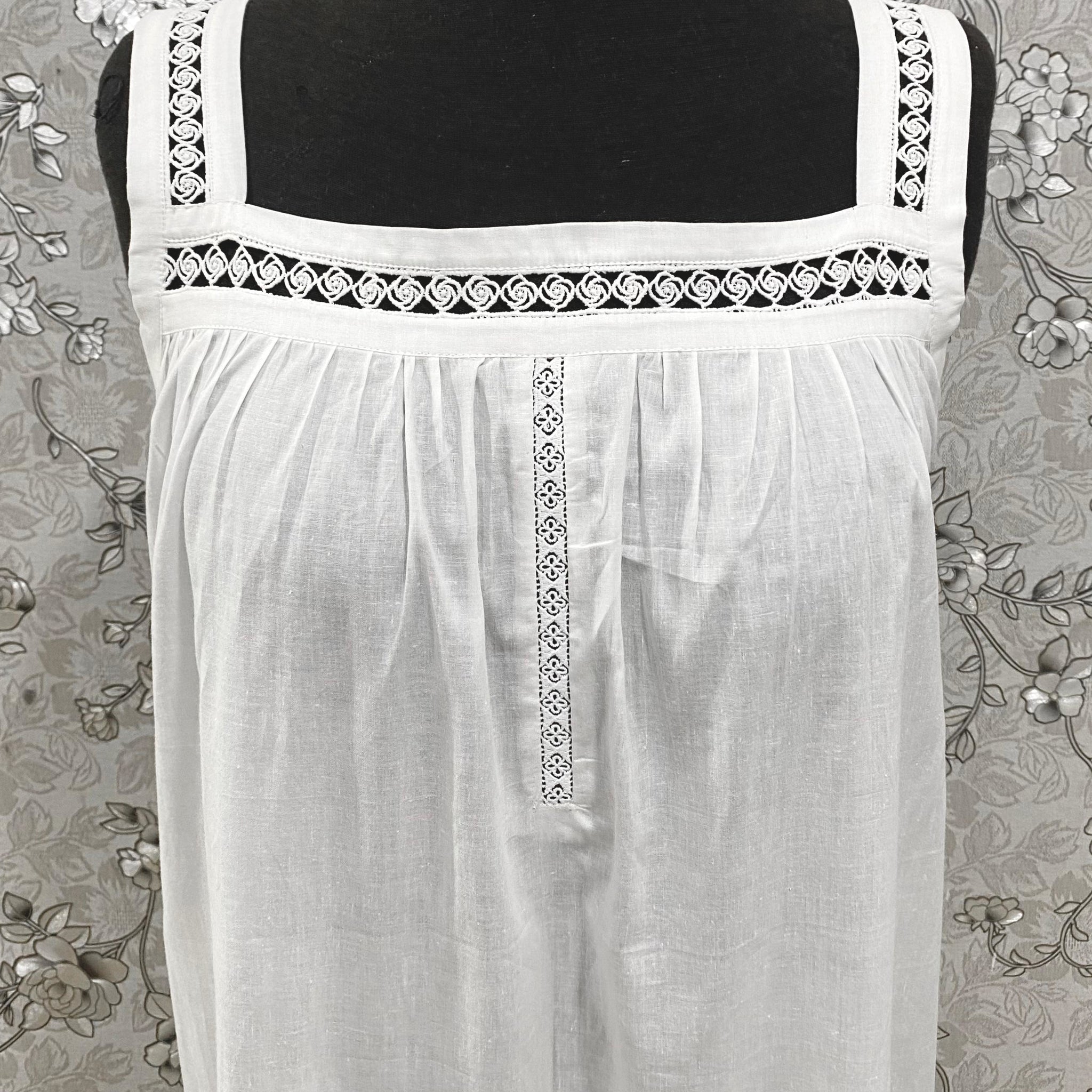 SoieRose White Victorian Cotton Nightgown – SR-1193 – Sleeveless Vintage Nightdress with Lace Straps