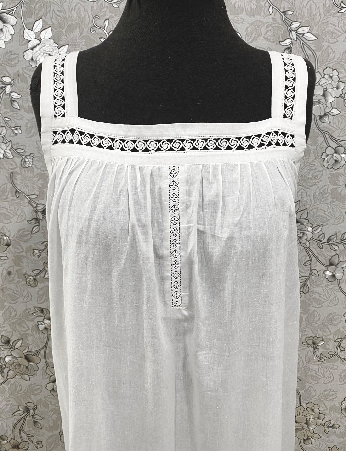 SoieRose White Victorian Cotton Nightgown – SR-1193 – Sleeveless Vintage Nightdress with Lace Straps