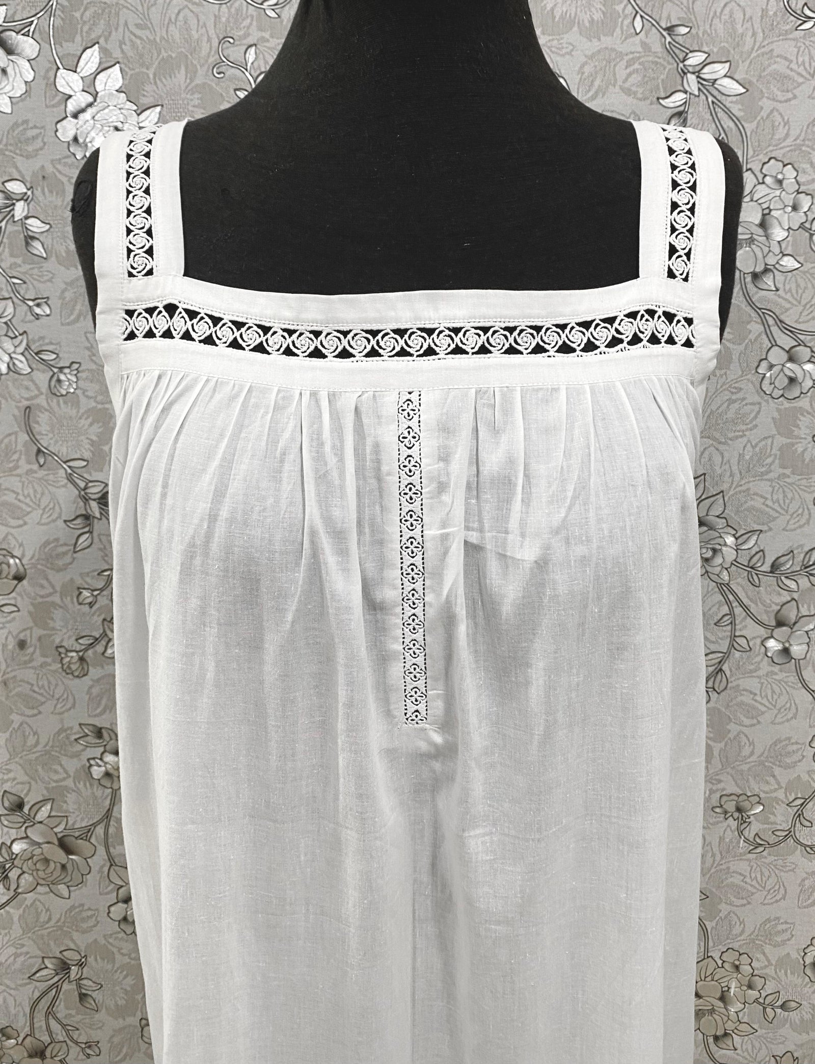 SoieRose White Victorian Cotton Nightgown – SR-1193 – Sleeveless Vintage Nightdress with Lace Straps
