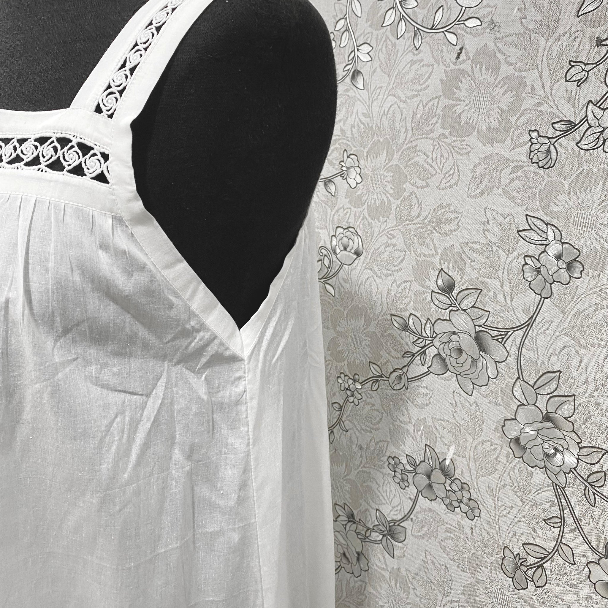 SoieRose White Victorian Cotton Nightgown – SR-1193 – Sleeveless Vintage Nightdress with Lace Straps