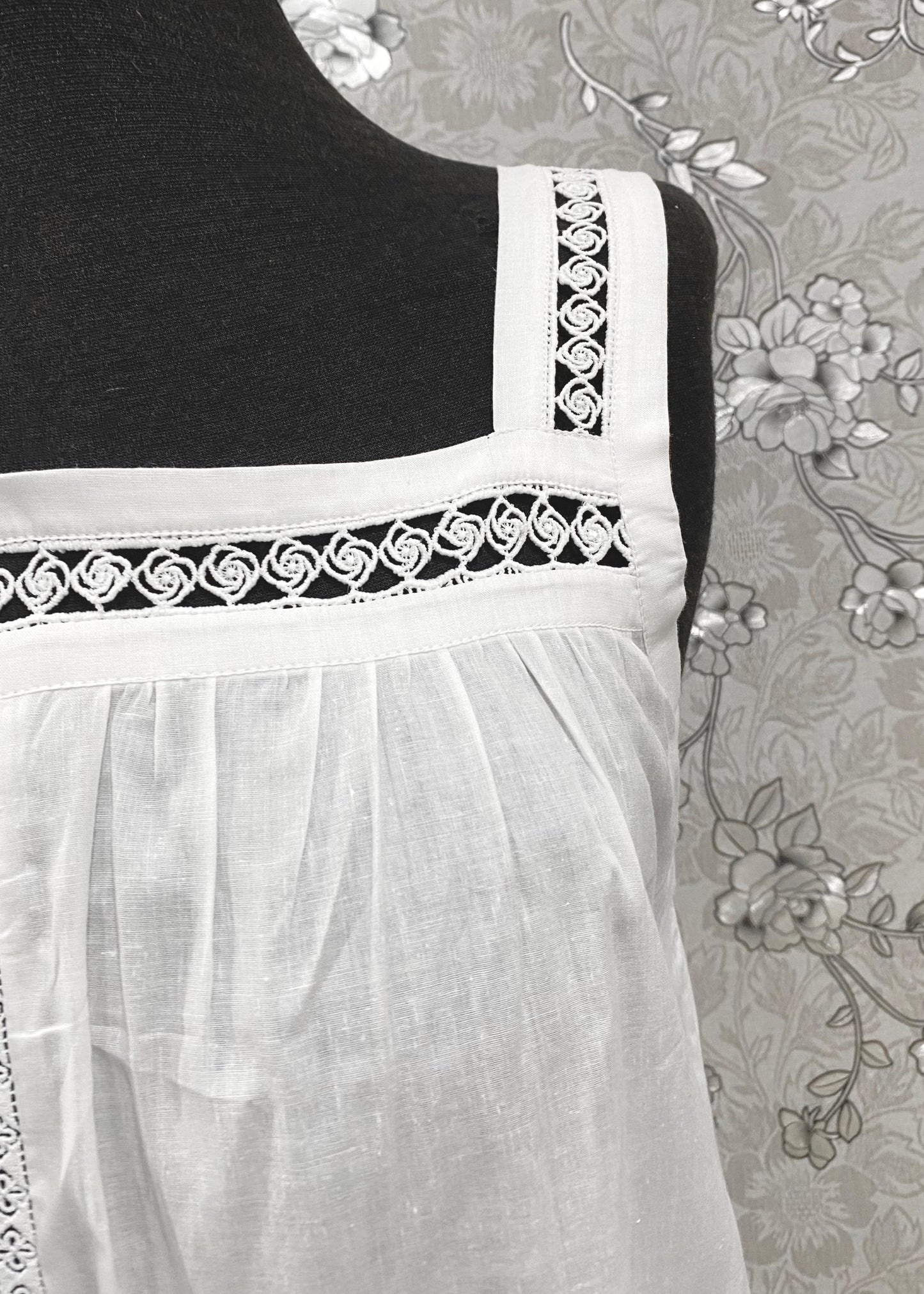SoieRose White Victorian Cotton Nightgown – SR-1193 – Sleeveless Vintage Nightdress with Lace Straps