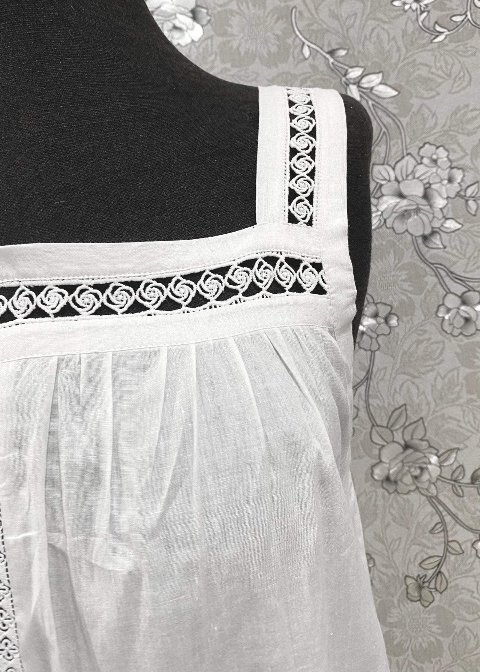 SoieRose White Victorian Cotton Nightgown – SR-1193 – Sleeveless Vintage Nightdress with Lace Straps