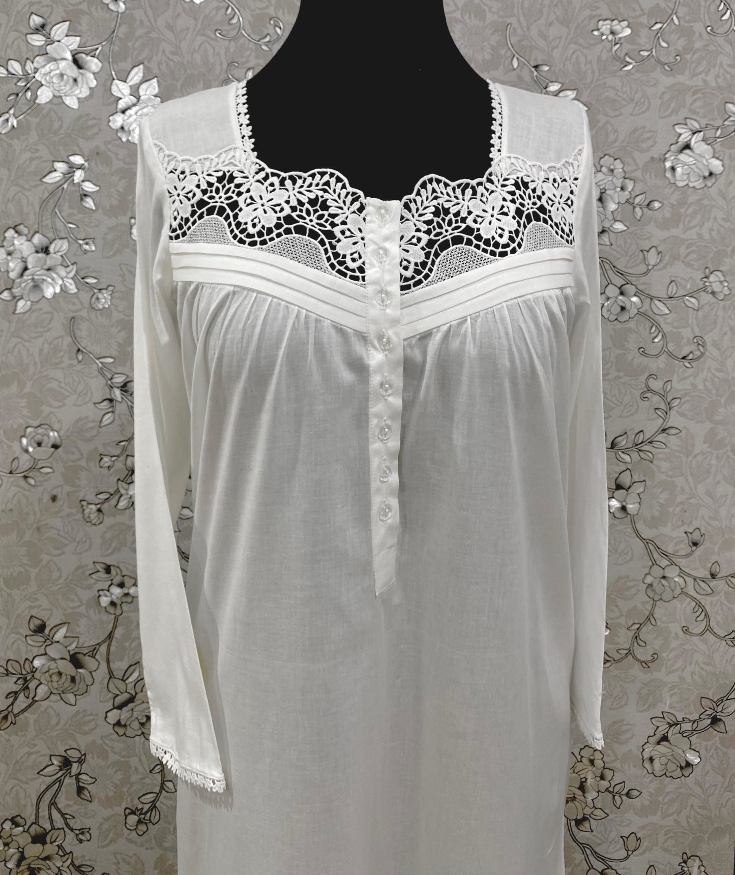 SoieRose White Victorian Cotton Nightgown – SR-1194 – Long Sleeve Nightdress with Floral Lace Yoke