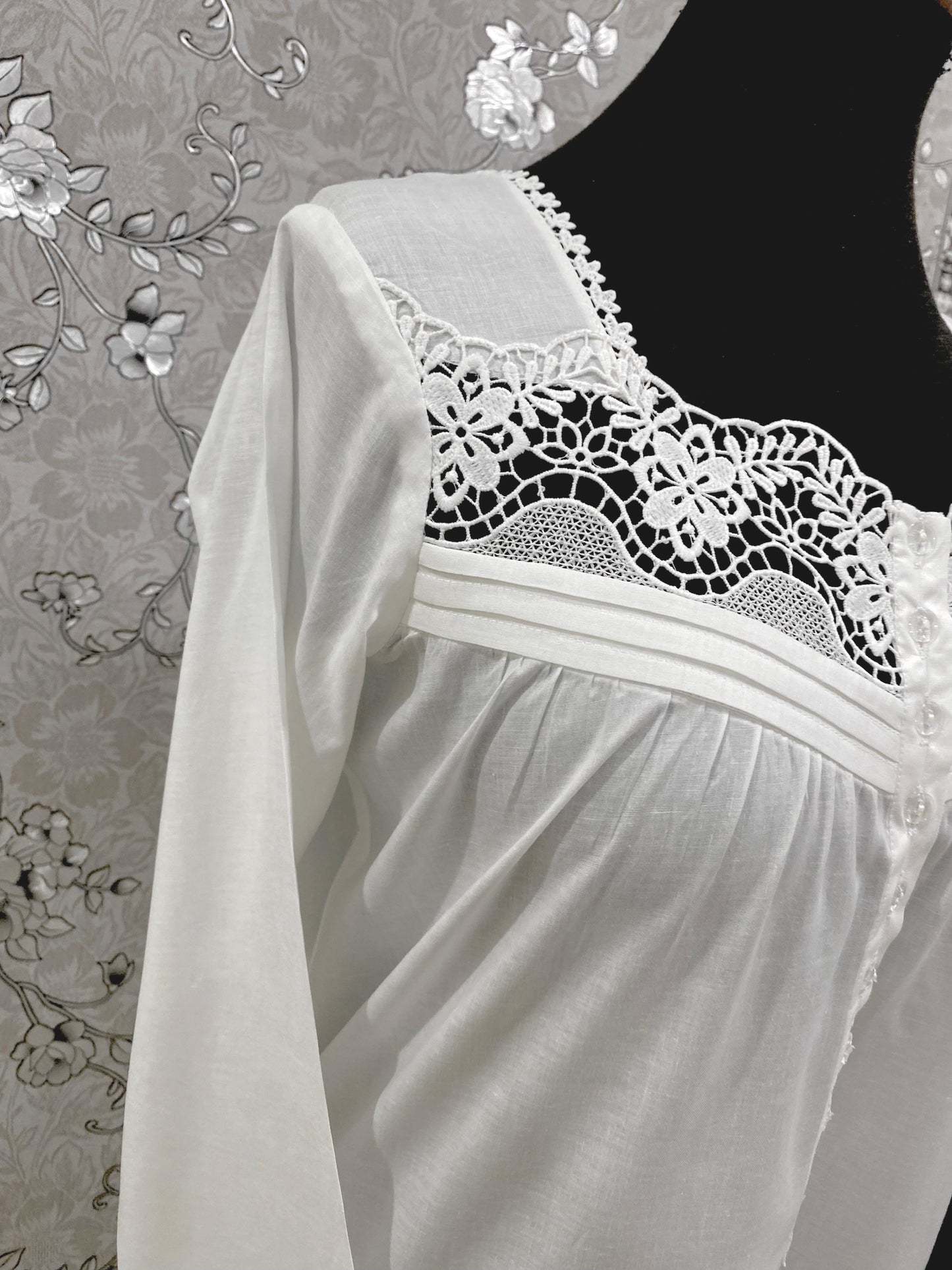 SoieRose White Victorian Cotton Nightgown – SR-1194 – Long Sleeve Nightdress with Floral Lace Yoke