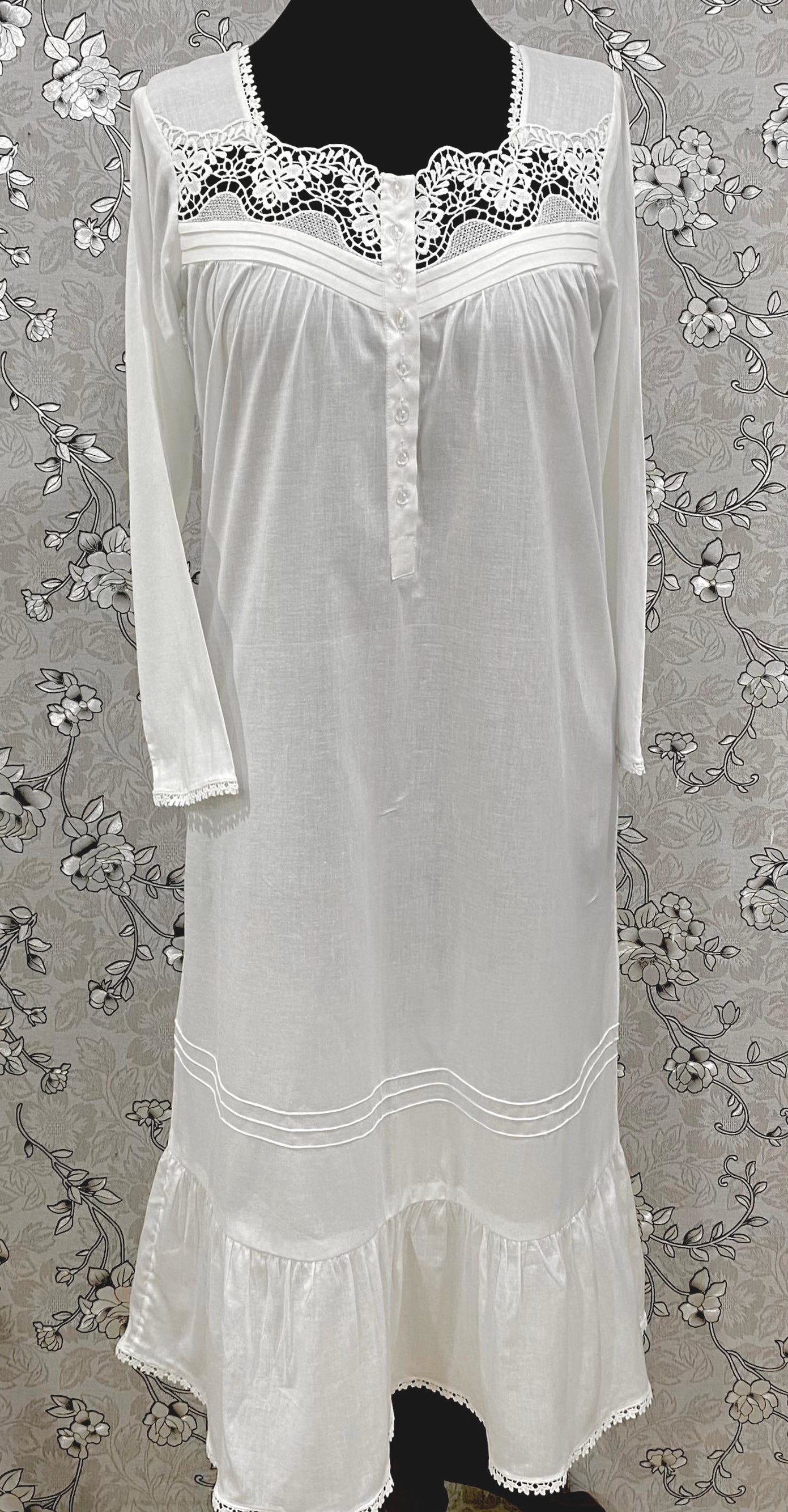 SoieRose White Victorian Cotton Nightgown – SR-1194 – Long Sleeve Nightdress with Floral Lace Yoke