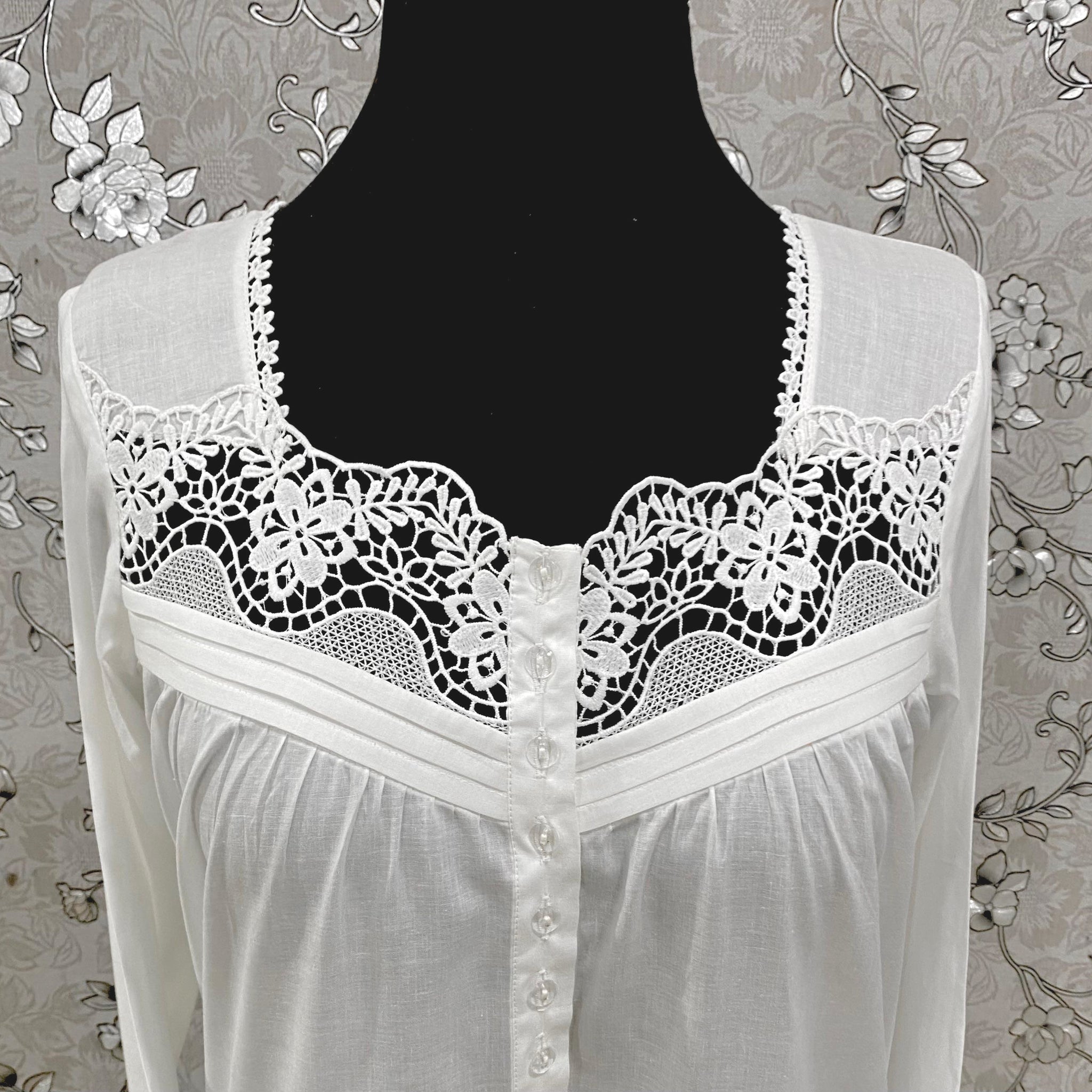 SoieRose White Victorian Cotton Nightgown – SR-1194 – Long Sleeve Nightdress with Floral Lace Yoke