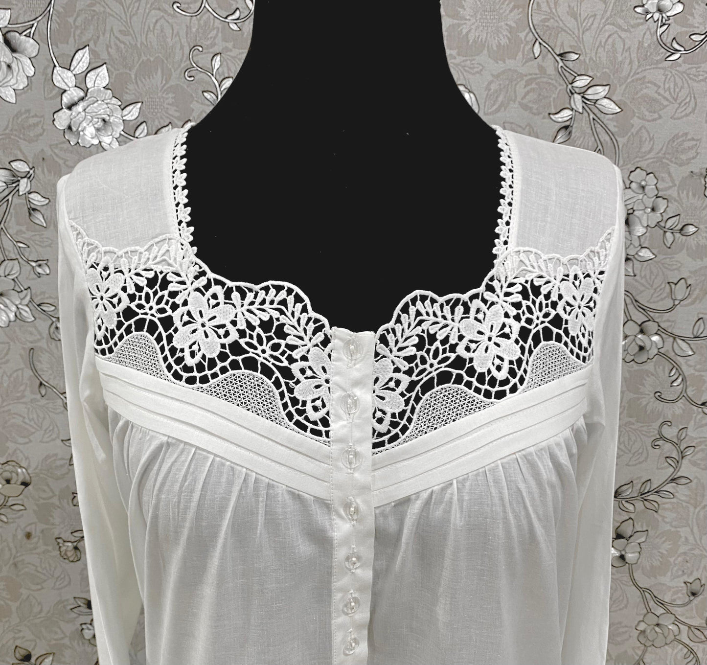 SoieRose White Victorian Cotton Nightgown – SR-1194 – Long Sleeve Nightdress with Floral Lace Yoke
