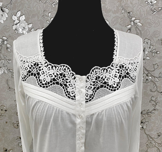 SoieRose White Victorian Cotton Nightgown – SR-1194 – Long Sleeve Nightdress with Floral Lace Yoke