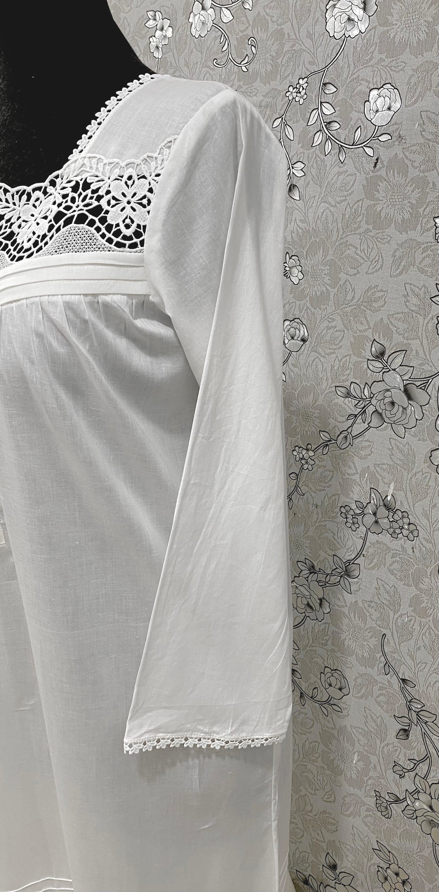SoieRose White Victorian Cotton Nightgown – SR-1194 – Long Sleeve Nightdress with Floral Lace Yoke