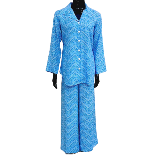 SoieRose Women's 100% Cotton Misty Blue Print Pajama Set - SR-1065