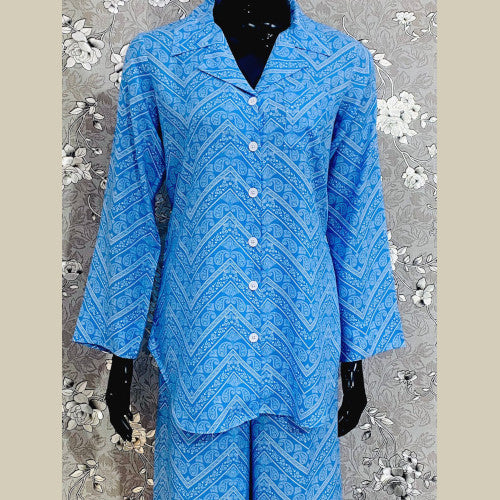 SoieRose Women's 100% Cotton Misty Blue Print Pajama Set - SR-1065