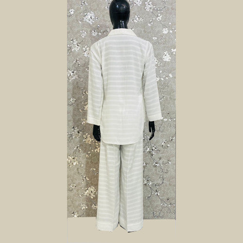 SoieRose Women's 100% Cotton White Self-Stripe Pajama Set - SR-1067