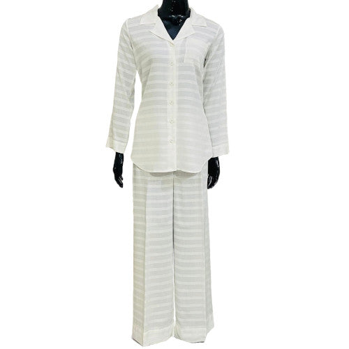 SoieRose Women's 100% Cotton White Self-Stripe Pajama Set - SR-1067
