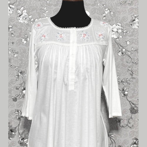 SoieRose 100% White Cotton Long Sleeves Victorian Nightgown with Embroidery - SR-1023