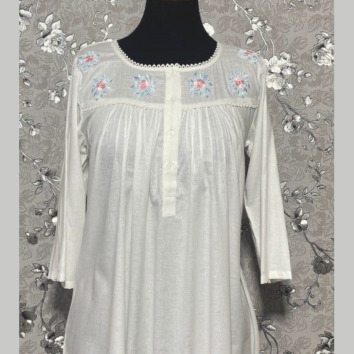 SoieRose 100% White Cotton Long Sleeves Victorian Nightgown with Embroidery - SR-1023