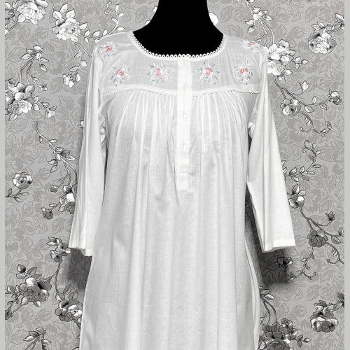 SoieRose 100% White Cotton Long Sleeves Victorian Nightgown with Embro