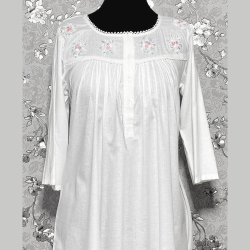 SoieRose 100% White Cotton Long Sleeves Victorian Nightgown with Embroidery - SR-1023